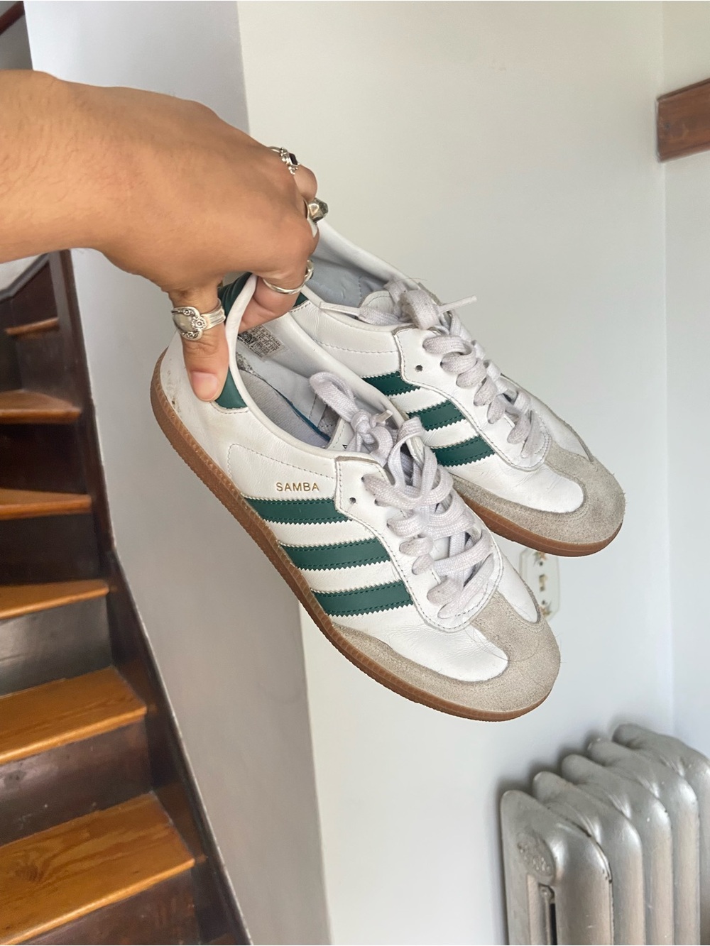 adidas Samba White Sneakers with Green Stripes and Gum Sole